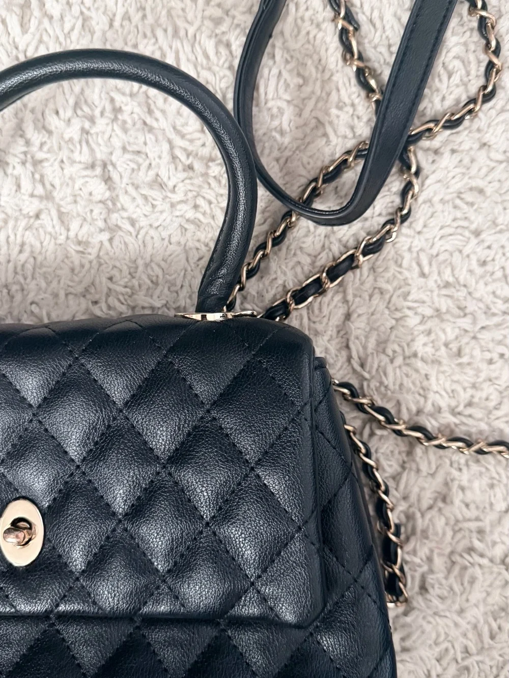 Black Quilted Top-Handle Crossbody Bag with Gold Hardware